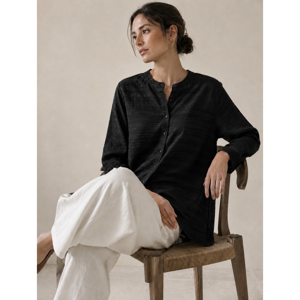 Alquema Black Shibori Pleated Button‎ Down Tunic Top Long Sleeve- Size M